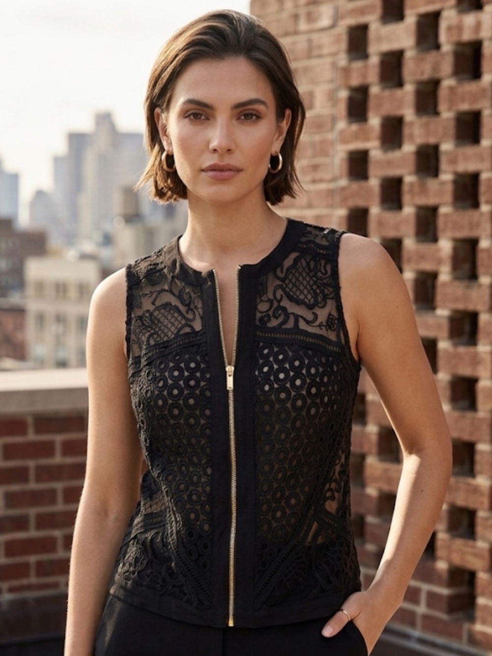 Carmin Sheer Whimsical Black Lace Zip Front Sleeveless Top
